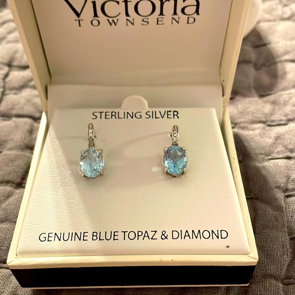 Victoria Townsend blue topaz and diamond earrings set in sterling silver. NIB